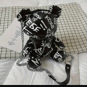 Adorable Black faux leather Graphic Teddy Bear Mini Bag.